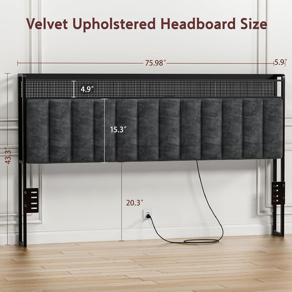 Akaber King Size Headboard only, Upholstered Headboard for Bed with Hidden Storage and Charging Station, LED Lights, Adjustable, Easy Assembly, Black (King (U.S. Standard))