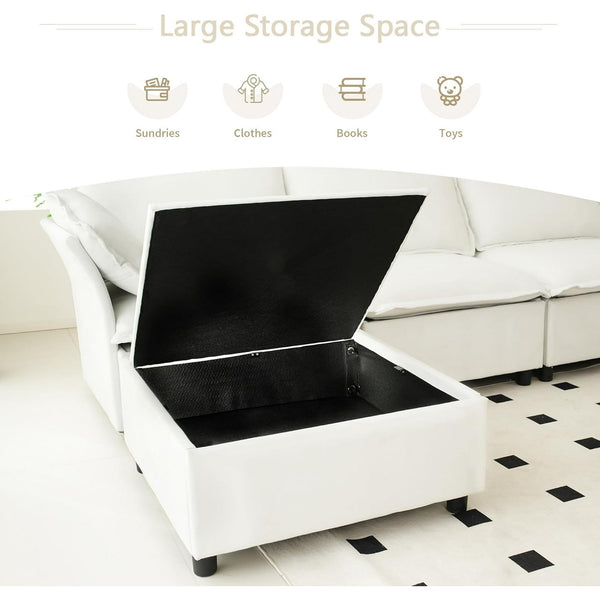 Akaber 130" U-Shaped Cloud Sectional Sofa, Modular Velvet Convertible Sofa Bed with Storage, Plush Living Room Couch(White)