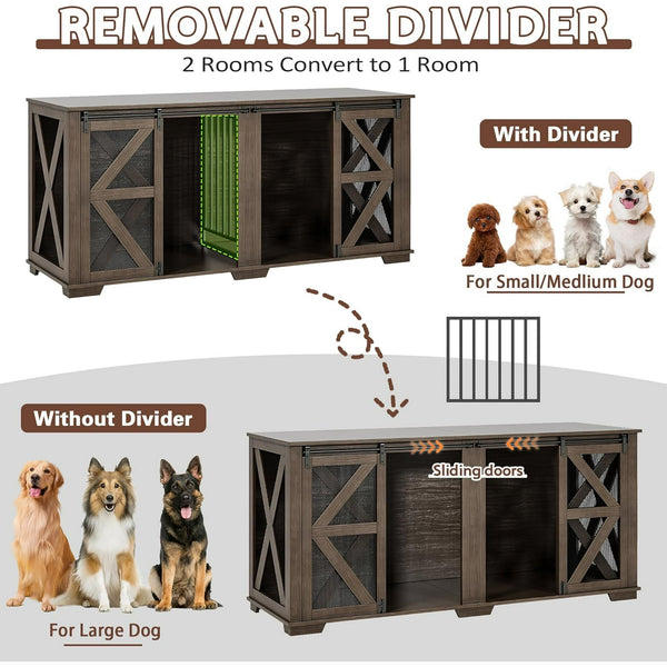 Akaber 71 Inch Double Dog Crate for 2 Dogs，Farmhouse Furniture Style Indoor Heavy Duty Steel Frame Kennel with Sliding Doors & Adjustable Divider, Dark Walnut