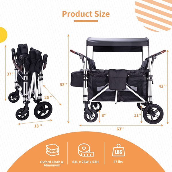 Stroller Wagon for 4 Kids, Wanan 4 Seater Stroller Wagon W/ Double Push Bar, 5-Point Harnesses, Adjustable Canopy, Storage, Insulated Bags, 4 Child Stroller Wagon for Beach, Garden, Shopping, Camping