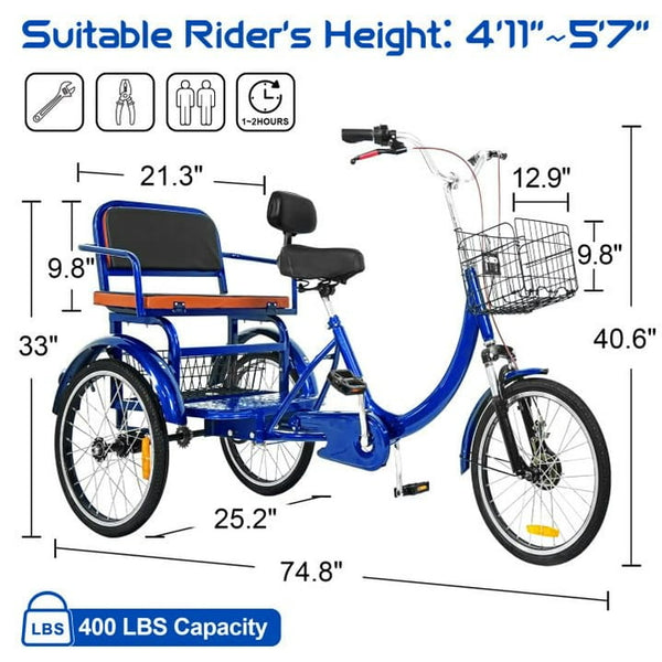Linor Adult Tricycle with Rear Seats, 20" 3-Wheel, Front and Rear Baskets, Trike for Seniors, Blue