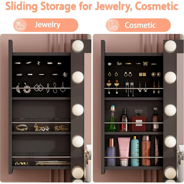 Linor Vanity Desk with Power Outlet, Makeup Vanity with Mirror and 14 LED Light, 3 Lighting Modes,11 Drawer Vanity Table with Sliding Jewelry Storage, Glass Top, Specular Surface, Black