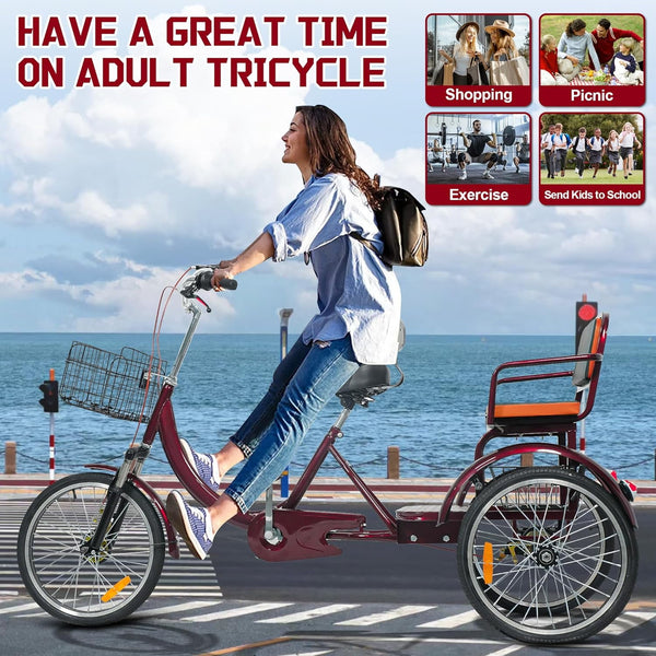 Linor Adult Tricycle with Rear Seats, 20" 3-Wheel, Front and Rear Baskets, Trike for Seniors, Red