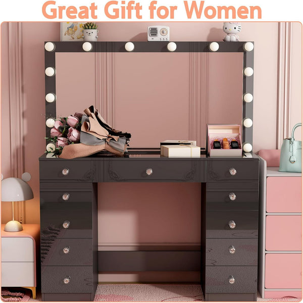 Linor Vanity Desk with Power Outlet, Makeup Vanity with Mirror and 14 LED Light, 3 Lighting Modes,11 Drawer Vanity Table with Sliding Jewelry Storage, Glass Top, Specular Surface, Black