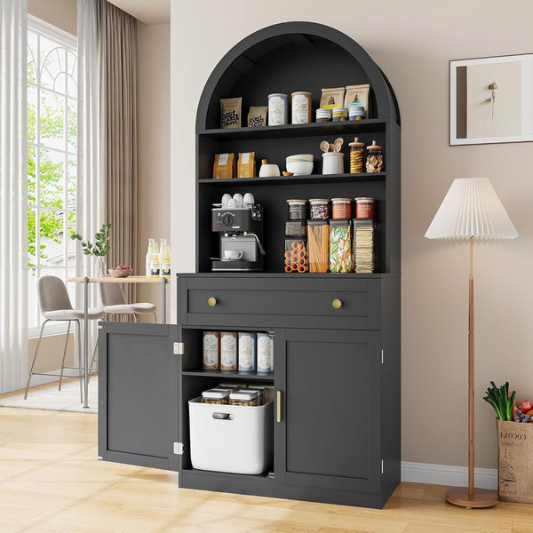 Akaber US 71" Tall Arched Kitchen Pantry Cabinet, Modern Kitchen Storage Cabinets with Hidden Drawer and Spacious Countertop, Wooden Storage Pantry Cabinet for Living Room, Dining Room, Black
