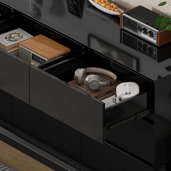 Akaber US 63'' Black Dresser for Bedroom, Glossy Large Dresser with 9 Deep Chests of Drawers for Bedroom, Living Room, Closet