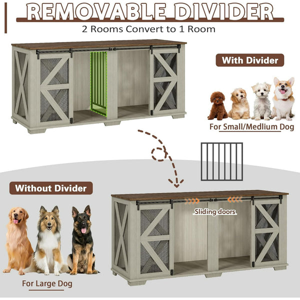 Akaber 71 Inch Double Dog Crate for 2 Dogs，Farmhouse Furniture Style Indoor Heavy Duty Steel Frame Kennel with Sliding Doors & Adjustable Divider, Light Oak