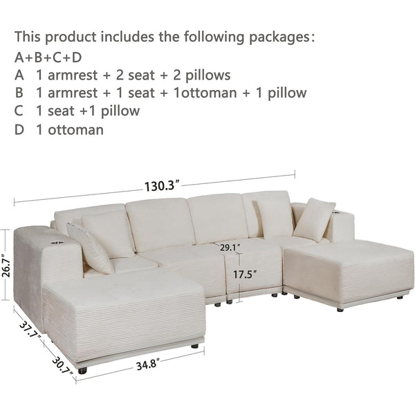 Akaber 130" Modular Sectional Sofa with U-Shape Chaise, 4-Seater Comfy Cloud Couch with Movable Ottoman, Deep Seat Couches for Living Room with Throw Pillows, Beige Grey