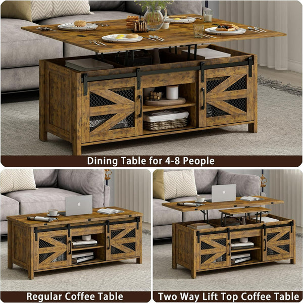 Linor 47.2" Lift Top Coffee Table, 4 in 1 Farmhouse Coffee Tables with Sliding Barn Door, Brown