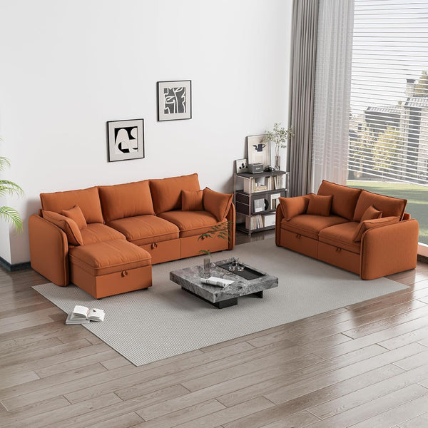 Akaber Modular Sectional Sofa, 107 Inch L Shaped Couch with Movable Storage Ottoman, 25 Inch Deep Seat, Cloud Couches for Living Room, Orange