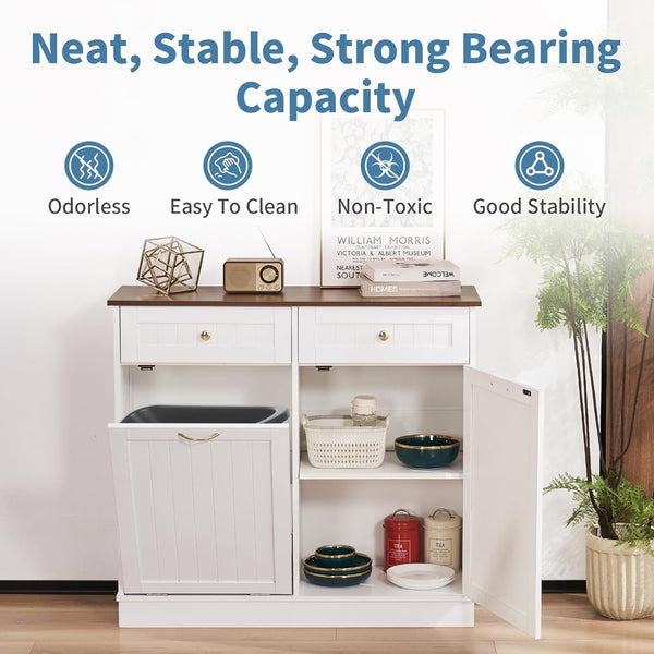 Tilt Out Trash Cabinet 10 Gallon, Kitchen Trash Can Cabinet with Adjustable Shelf & 2 Drawers, Freestanding Trash Cabinet, Recycling Cabinet for Laundry, Living Room, Bathroom