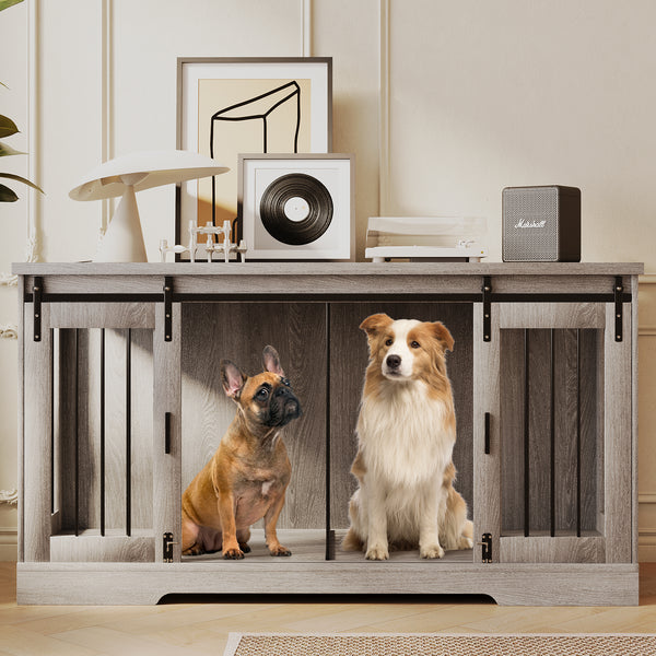 Linor Wooden Double Dog Crate Furniture with Divider and Sliding Door for Two Dogs