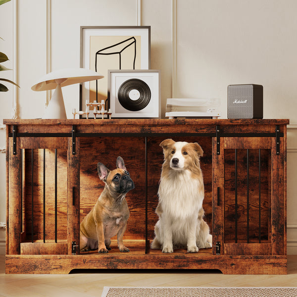 Linor Wooden Double Dog Crate Furniture with Divider and Sliding Door for Two Dogs