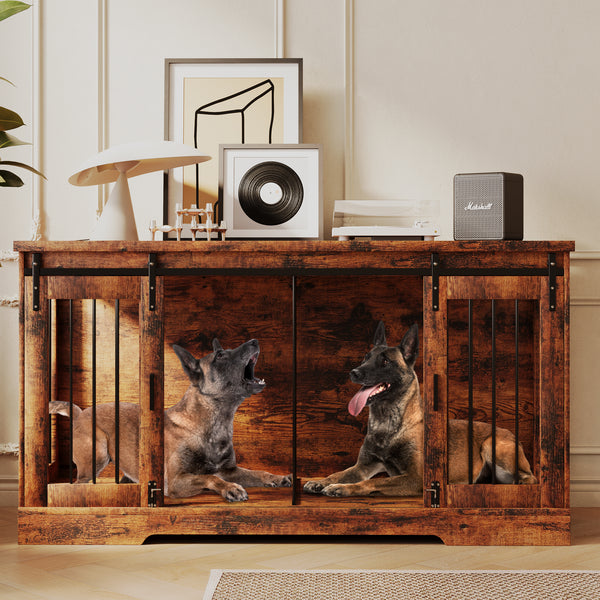 Linor Wooden Double Dog Crate Furniture with Divider and Sliding Door for Two Dogs