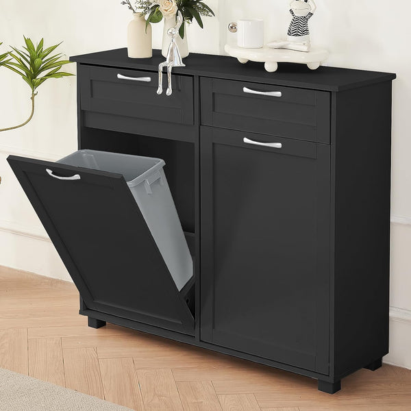 10 Gallon Double Tilt Out Trash Cabinet, ICEELF Kitchen Trash Can Cabinet, Dog Proof Tilt Out Trash Bin Holder, Free Standing Recycling Cabinet with 2 Hideaway Drawers for Kitchen Living Room