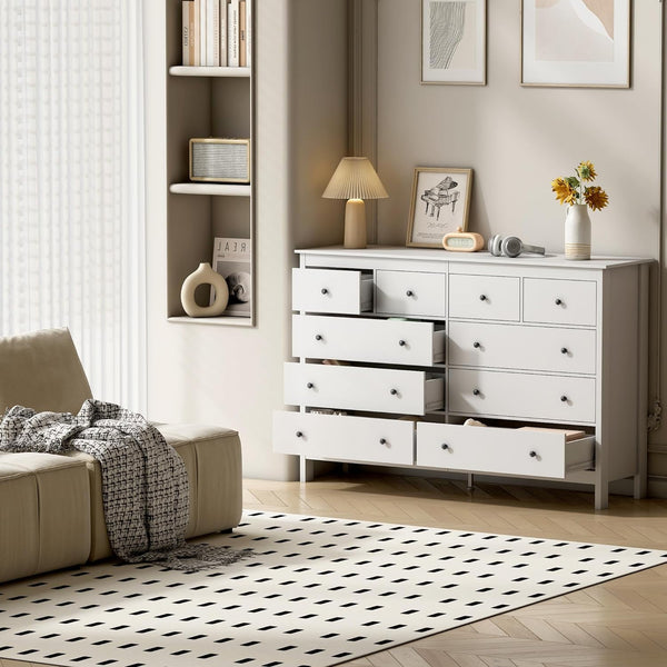 10 Drawer Dresser, 55" Modern White Dressers & Chests of Drawers, Adult 10 Drawers Wide Wood Dresser for Bedroom, Living Room