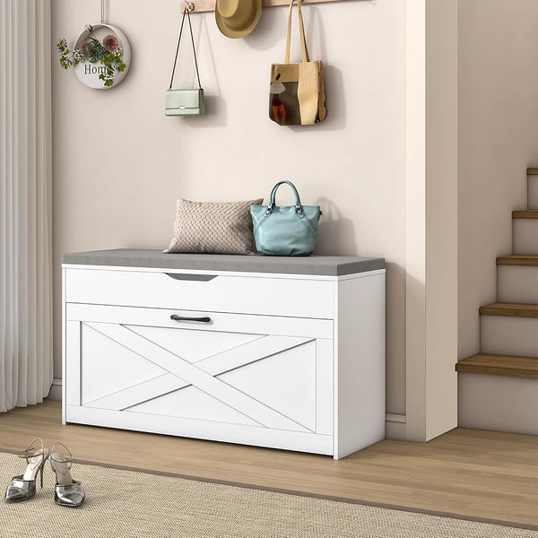 Shoe Storage Bench with Padded Cushion, Entryway Bench with Flip Drawer & Flip-Open Storage Box, Shoe Bench for Entryway, Bedroom, Hallway, Living Room