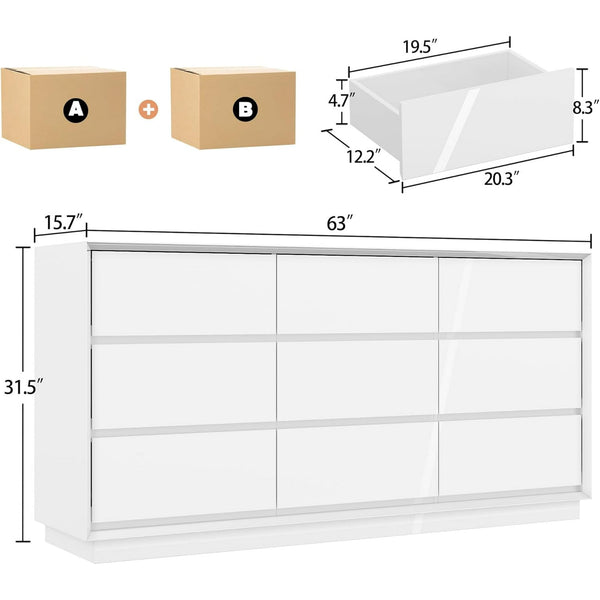 Akaber US 63'' White Dresser for Bedroom, Glossy Large Dresser with 9 Deep Chests of Drawers for Bedroom, Living Room, Closet