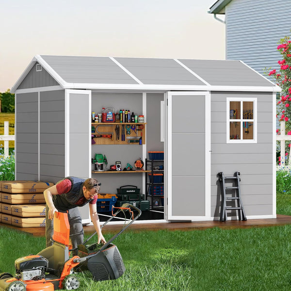 10x8 FT Outdoor Storage Shed with Floor, Weather-Resistant Resin Shed with Double Windows, Lockable Door and Vents, Plastic Outside Tool Storage Sheds for Garden, Backyard, Lawn