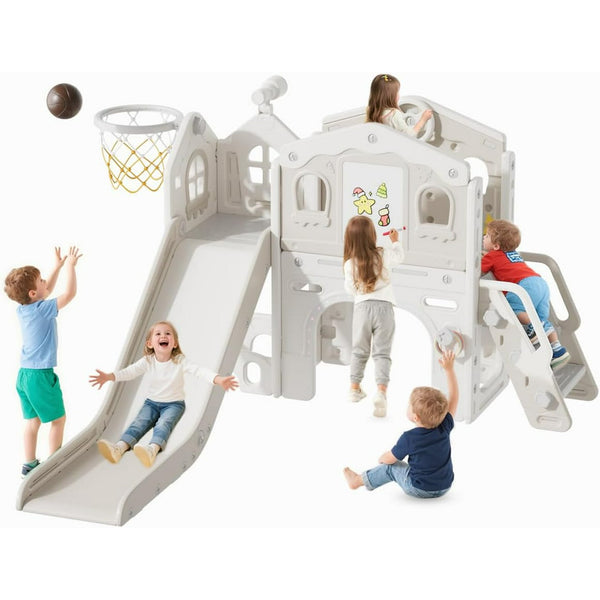 11 in 1 Toddler Slide, Kids Indoor Slide for Toddlers 1-3 Years Old, Pipleo Toddler Indoor Playground with Drawing Board, Ring Toss, Basketball Hoop and Storage