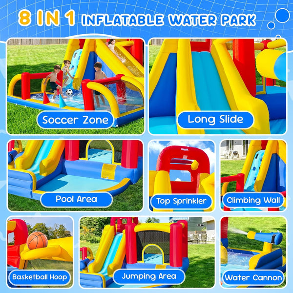 Akaber Inflatable Water Slide for Kids, Summer 8-in-1 Giant Water Park with Bounce House, Basketball Hoop, Soccer Zone, Climbing Wall, Pool & Slide, Blow Up in 2 Mins for Backyard Outdoor Fun