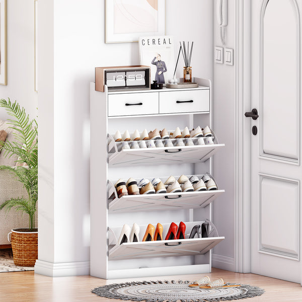 Shoe Cabinet, 24 Pairs Shoe Storage Cabinet with 2 Drawers and 3 Flip Doors for Sneakers, High Heels, 47'' Hidden Shoe Cabinet Storage for Entryway and Hallway (Country Rustic)