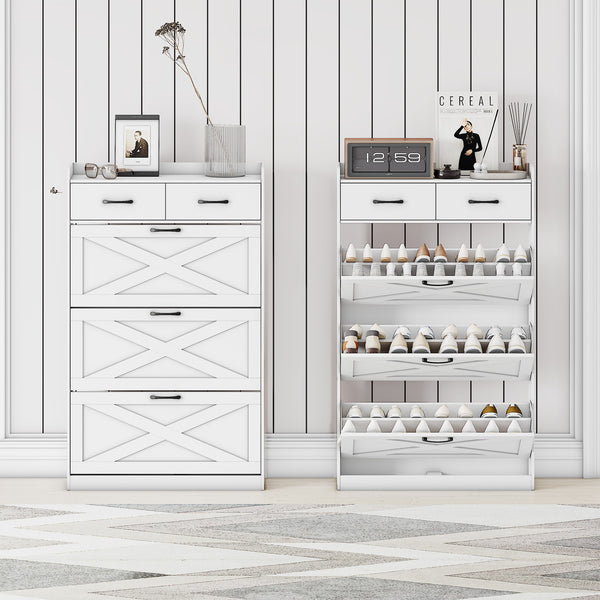 Shoe Cabinet, 24 Pairs Shoe Storage Cabinet with 2 Drawers and 3 Flip Doors for Sneakers, High Heels, 47'' Hidden Shoe Cabinet Storage for Entryway and Hallway (Country Rustic)