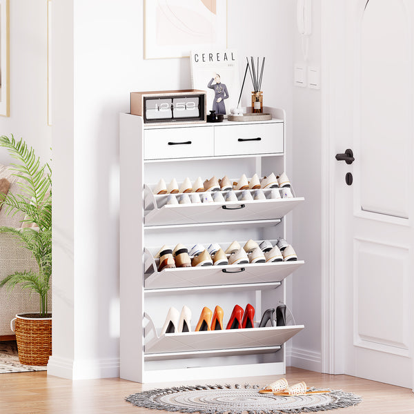 Shoe Cabinet, 24 Pairs Shoe Storage Cabinet with 2 Drawers and 3 Flip Doors for Sneakers, High Heels, 47'' Hidden Shoe Cabinet Storage for Entryway and Hallway with 3 Tier Rack (Modernity)