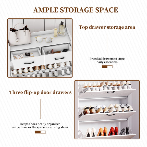 Shoe Cabinet, 24 Pairs Shoe Storage Cabinet with 2 Drawers and 3 Flip Doors for Sneakers, High Heels, 47'' Hidden Shoe Cabinet Storage for Entryway and Hallway with 3 Tier Rack (Modernity)