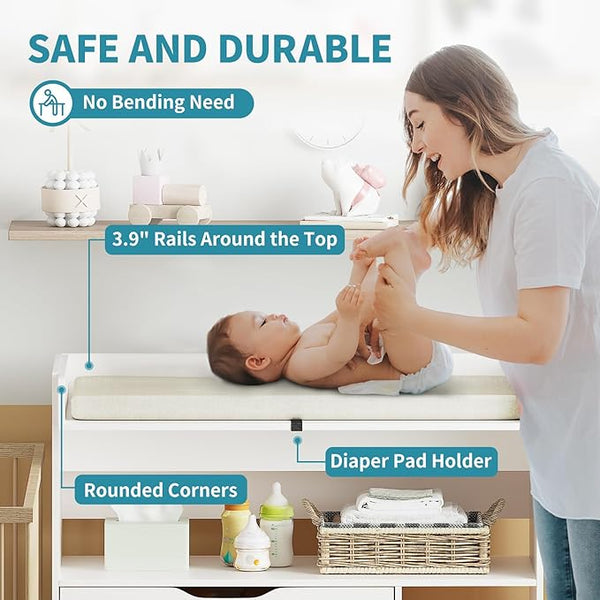 Baby Changing Table Dresser with 3 Drawers and 3 Storage Shelves, Can be Used as a Baby Dresser with Changing Table Top, a Baby Changing Station, a Wood Diaper Changing Station (White)