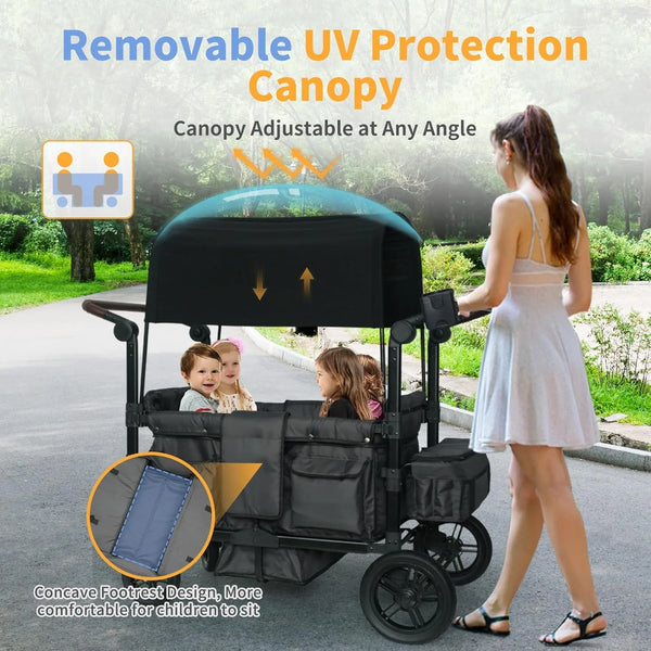 Wagon Stroller for 4 Kids, Linor Stroller Wagon 4 Seater Featuring 4 High Seat with Footwell, 5-Point Harnesses and Adjustable Canopy, Foldable Double Push Bar Baby Wagon for Camping