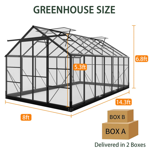 Polycarbonate Greenhouses, 8x14 FT Green Houses for Outside with 4 Adjustable Roof Vents, Walk-in Aluminum Frame Greenhouse with Sliding Doors for Garden Backyard