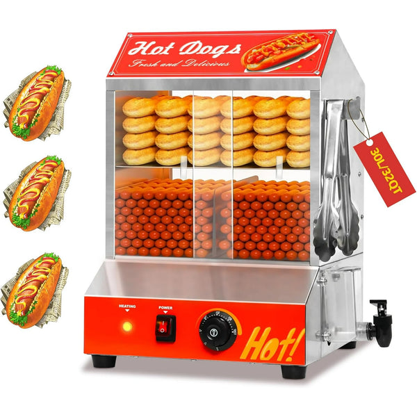 Linor 32QT Hot Dog Steamer with Sliding Door and Clip, 2-Tier for 175 Hotdogs and 40 Buns, 32℉-185℉ Temp Control, 1000W, Red