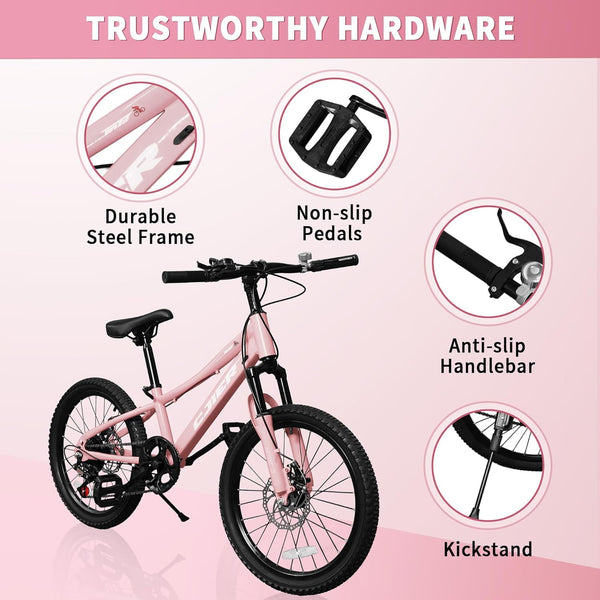 Linor 24" Kids Mountain Bike for Kids 6-12, 7 Speeds Drivetrain Kids Bike, Girls Boys Bike with Suspension Fork, Dual-Disc Brake, Anti-Slip Butyl Tires, Pink
