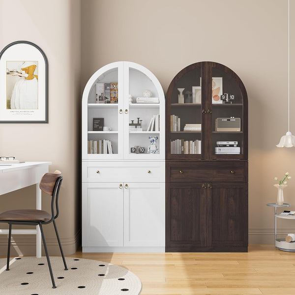 Akaber US 71" Tall Arched Kitchen Pantry Cabinet with Glass Doors, Modern Kitchen Storage Cabinets with Adjustable Shelves and Drawer, Wooden Storage Pantry Cabinet for Living Room, Dining Room