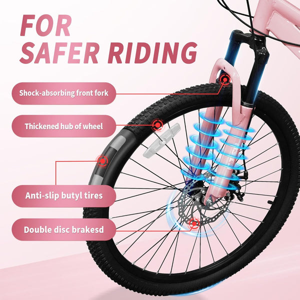 Linor 24" Kids Mountain Bike for Kids 6-12, 7 Speeds Drivetrain Kids Bike, Girls Boys Bike with Suspension Fork, Dual-Disc Brake, Anti-Slip Butyl Tires, Pink