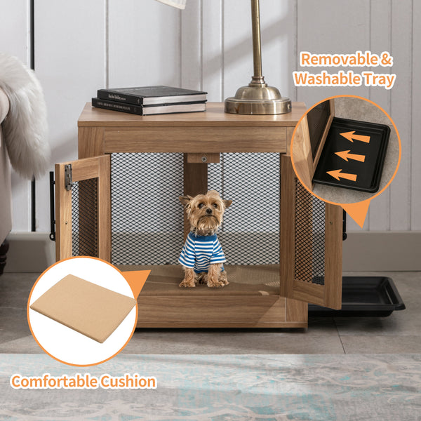 Wooden Dog Crate Furniture with Cushioned Tray and Double Doors - Stylish End Table for Small Dogs and Cats