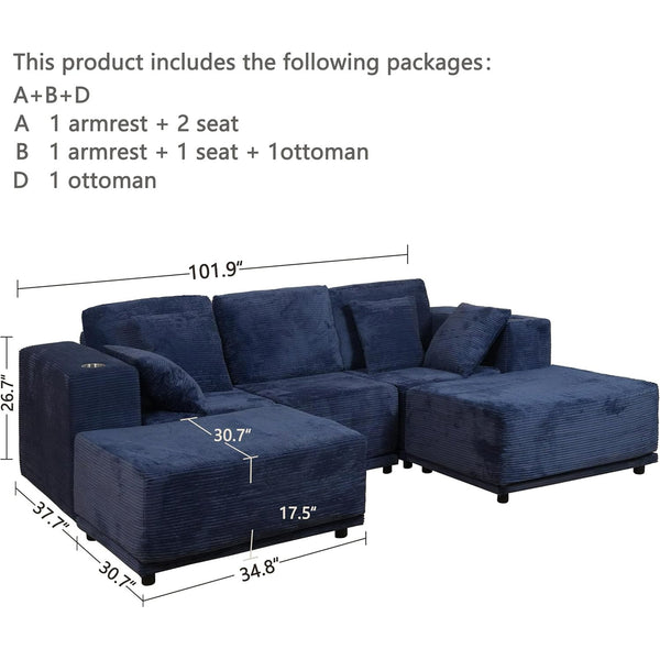 Akaber 101" Modular Sectional Sofa, 3 Seats U Shaped Couch for Living Room, Modern Sectional Corduroy Sofa with Deep Seat, Living Room Furniture Set