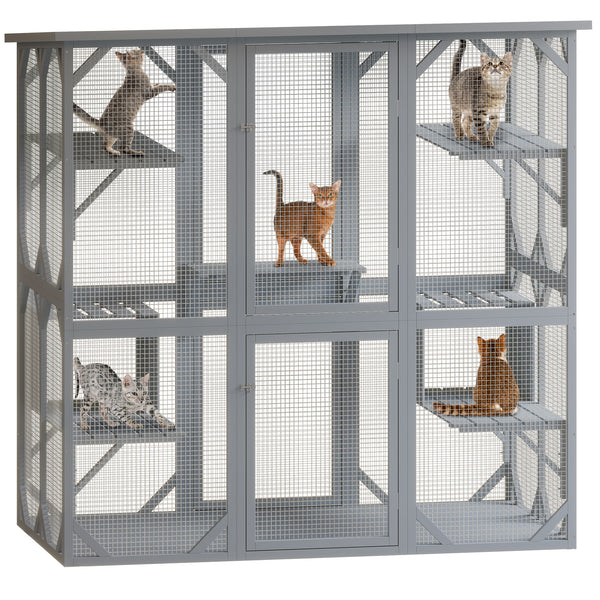 Cat cage with 6-Platforms, Outdoor Cat House with Fir Wood, Weatherproof cat house