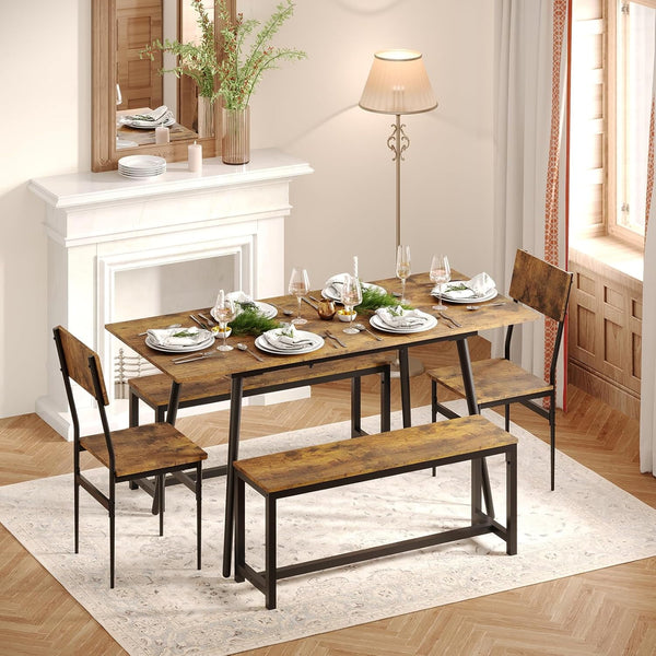 Linor 63" Extendable Dining Table Set for 4-6, 5-Piece Kitchen Table Set with 2 Chairs and 2 Benches, Dining Desk and Chairs for Home, Apartment, Rustic Brown