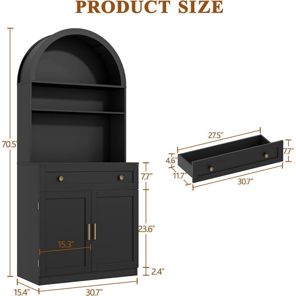 Akaber US 71" Tall Arched Kitchen Pantry Cabinet, Modern Kitchen Storage Cabinets with Hidden Drawer and Spacious Countertop, Wooden Storage Pantry Cabinet for Living Room, Dining Room, Black