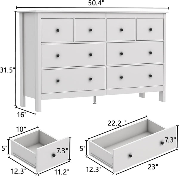 8 Drawer Dresser, 50" Modern White Dressers & Chests of Drawers, Adult 8 Drawers Wide Wood Dresser for Bedroom, Living Room