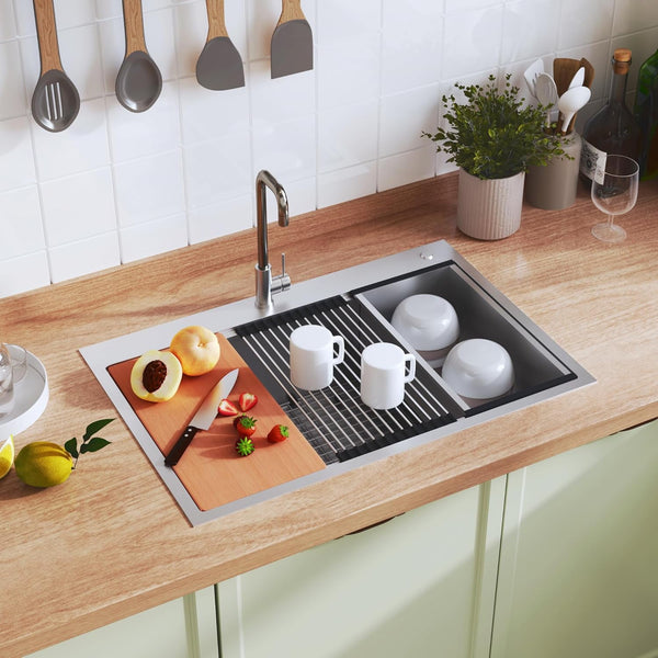 33 x 22 Inch Drop in Kitchen Sink, Pipleo 16 Gauge Stainless Steel Kitchen Sinks, 9 inch Deep Single Bow Kitchen Sink with Cutting Board, Colander, Roll-Up Rack, Workstation Sink for Kitchen