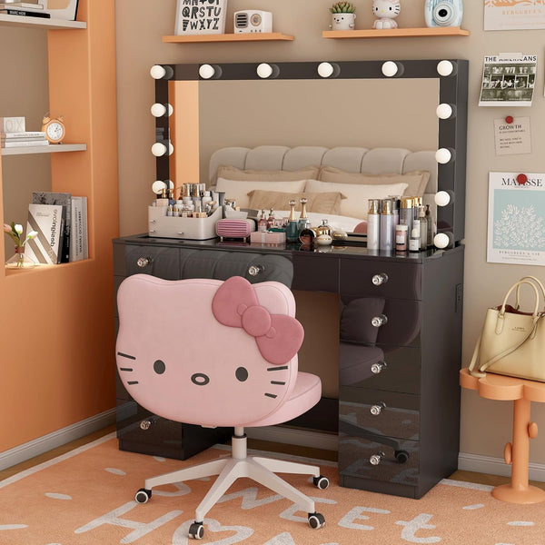 Linor Vanity Desk with Power Outlet, Makeup Vanity with Mirror and 14 LED Light, 3 Lighting Modes,11 Drawer Vanity Table with Sliding Jewelry Storage, Glass Top, Specular Surface, Black