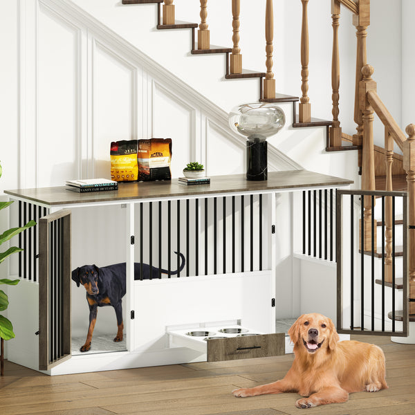 Dog Crate Furniture with 4 Stainless Steel Bowls, Wood Dog Crate End Table with Tray and Cushion, Double Dog Crate for 2 Dogs, Wooden Dog Cage Dog Kennel Indoor (Brown)