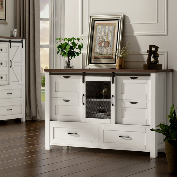48" Farmhouse w/6 Drawers & Sliding Barn Doors, White Dressers& Chests of Drawers, 6 Drawer Dresser TV Stand for Bedroom, Living Room