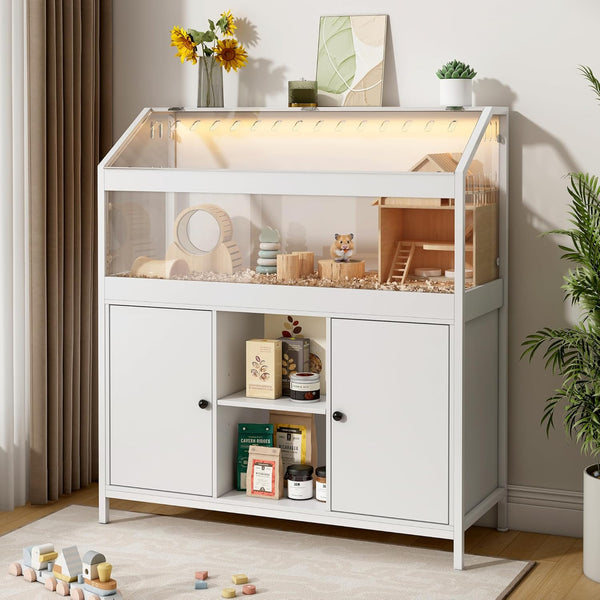 Linor 39.5" Large Hamster Cage Habitats with Storage Cabinet, LED Light, Easy View Acrylic Panels for Guinea Pig, Hedgehog, Rat, Ferret