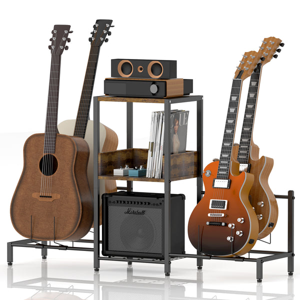 Guitar Stand for 4 Electric or Bass Guitars, Guitar Rack With 3-tier Storage Shelf (Antique Wood)