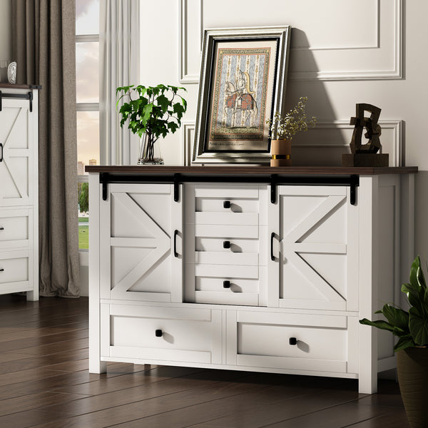 48" Farmhouse w/5 Drawers & 2 Sliding Barn Doors, Dressers& Chests of Drawers, 5 Drawer Dresser TV Stand for Bedroom, Living Room