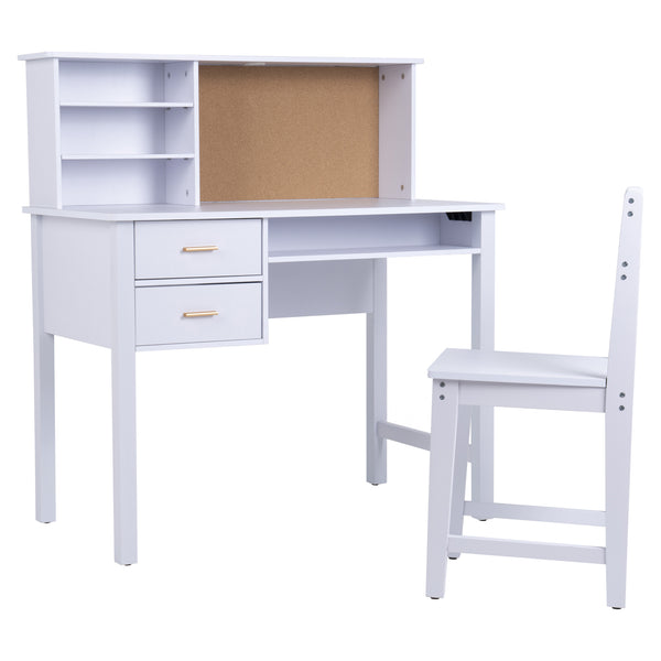 linor Kids Desk and Chair Set, Wooden Children Study Table with Hutch/Drawer & Bulletin Board, Student Study Desks Computer Desk Art Desk for Bedroom Study Room